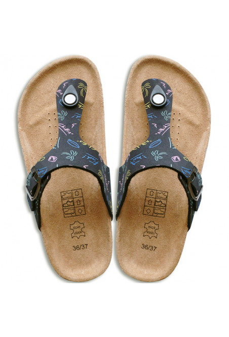 Leder & Kork Flip Flops (Schwarz mit Frühlings...